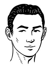 Portrait of a young asian man. Beautiful people. Black and white scat on a white background. Vector art illustration