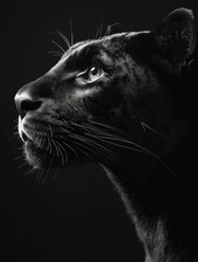 A striking black panther gazes to the left, its piercing eye capturing a moment of quiet intensity.  This image embodies strength, grace, and the wild beauty of nature.