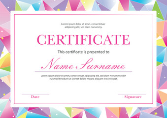 Certificate on colorful pink polygonal background, for kids events, girls. Modern fashion horizontal diploma template in vector