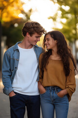 Fototapeta premium Young couple shares a joyful moment while walking on a sunny city street in autumn