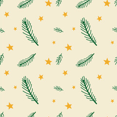 Festive pattern featuring green pine branches and golden stars on a soft beige background