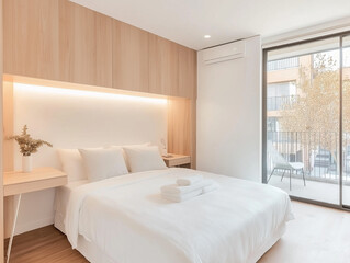 Modern Minimalist Bedroom with Balcony: A serene and stylish bedroom with a king-size bed, wooden floors, and a balcony overlooking a lush green view. The minimalist design features a white bed.