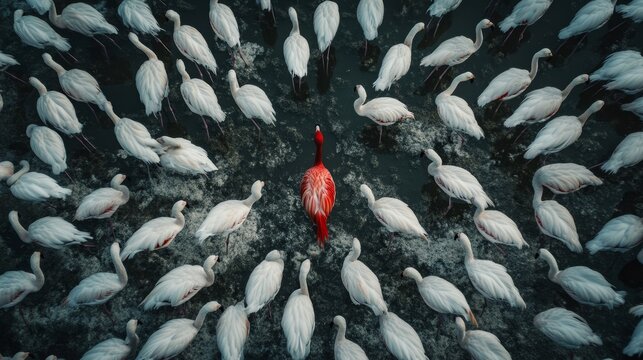 A single red flamingo stands out boldly against a backdrop of white flamingos, symbolizing individuality, uniqueness, leadership, and the power of standing out from the crowd. - Powered by Adobe