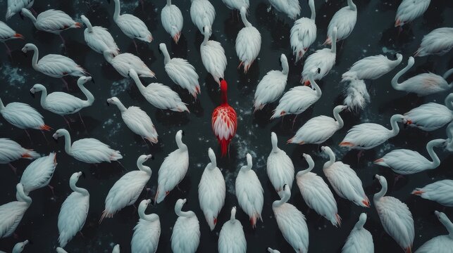 A single red flamingo stands out amongst a flock of white flamingos, symbolizing individuality, uniqueness, and standing out from the crowd.