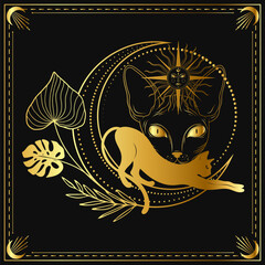 A mystical golden cat leaps gracefully against a midnight black background adorned with celestial symbols and lush botanical elements