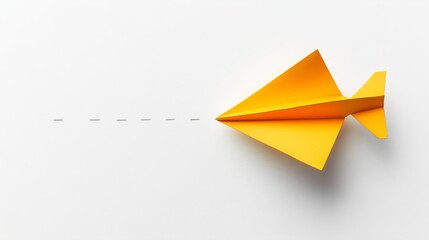 A yellow paper airplane flies across a white background, symbolizing dreams, aspirations, freedom, and the journey ahead.