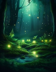 Fototapeta premium Enchanted forest with fireflies glowing in the night.