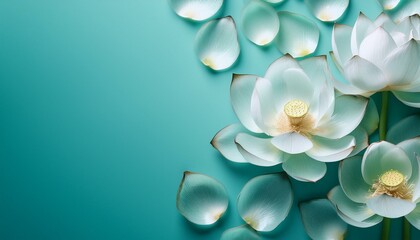Delicate white lotus flowers and petals on a turquoise background.