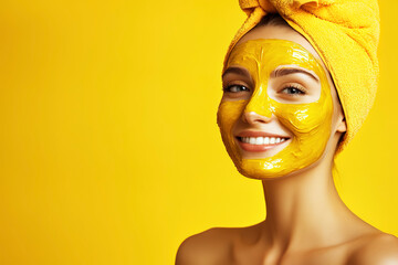 Photo of a happy woman with a towel on her head and a facial peeling mask