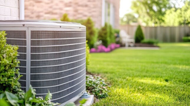 Outdoor air conditioning unit beside a well-maintained garden. Energy efficiency and home cooling concept. Design for informational poster and advertisement.