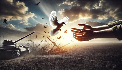 A dove flies from hands amidst war, symbolizing peace overcoming conflict.