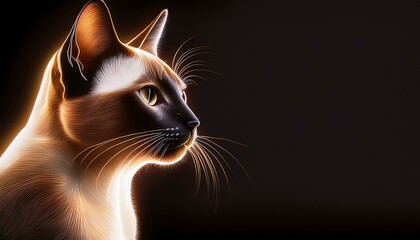 A Siamese cat with luminous fur glows against a dark background, its piercing gaze focused intently.