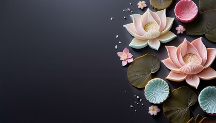 Pink and blue lotus flower molds and lily pad molds on a dark gray background.