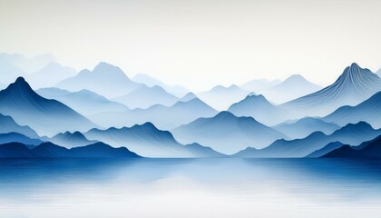 Serene blue mountains stretch across a misty landscape, reflecting in the still waters below.