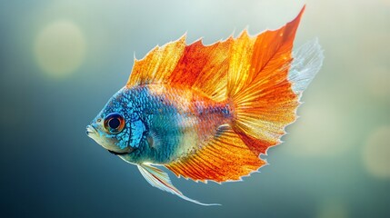 A vibrant blue and orange fish with long flowing fins swims in a clear blue water tank.