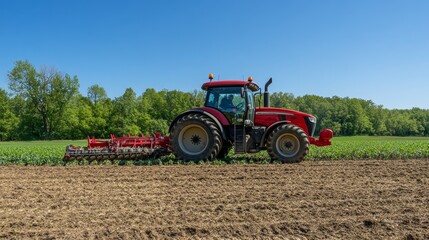 Obraz premium A powerful red tractor plows a field, turning the soil and preparing it for planting. The tractor is working in a field of green crops, showcasing the cycle of agriculture. This image symbolizes hard 