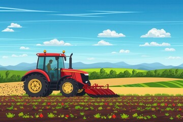 Fototapeta premium tractor cultivating land in a scenic agricultural area