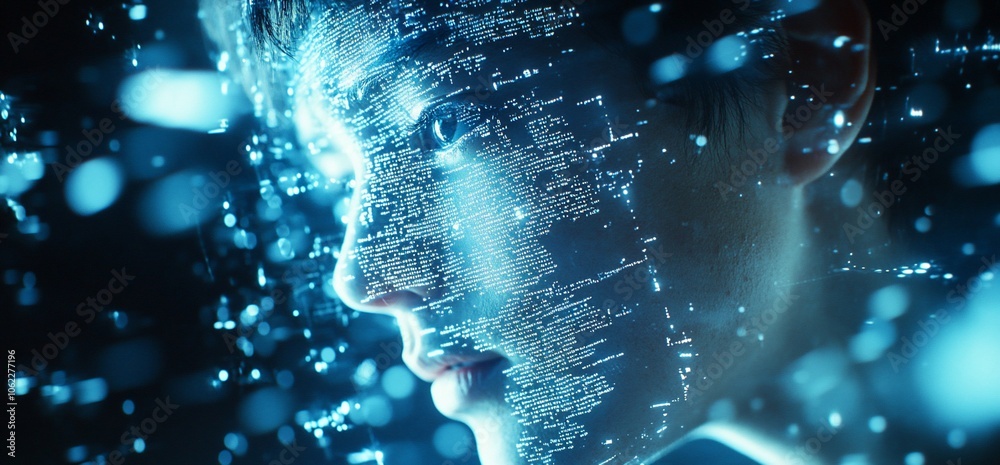 Poster close-up portrait of a young person with glowing blue lines and particles digitally imposed on their