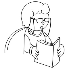 A simple black-and-white line art illustration of a person with curly hair and glasses, reading a book. 