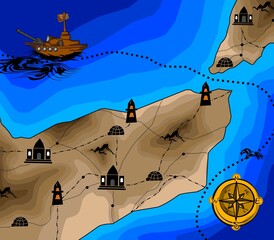 War map icon vector illustration with compass and battlefield symbols. High-quality, isolated on white. Perfect for strategy designs, games, or military projects.