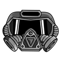 A minimalistic black-and-white line art illustration of an anti-nuclear gas mask. The mask has a large filter and protective eye lenses, designed for hazardous environments. 