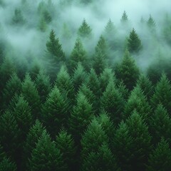 Obraz premium Green canopy blanketed by soft, drifting fog
