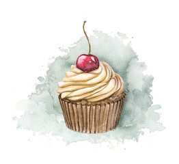 Muffin with beige cream and berry cherry on blue stain background. Watercolor hand drawn illustration