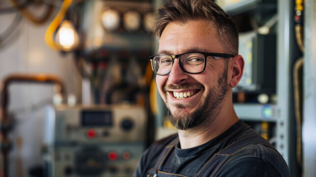 Caucasian male electrician with a mustache smiling at the camera, standing by a technical control panel.