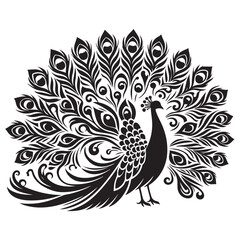 Peacock with fanned tail Silhouette  vector black color and solid white background