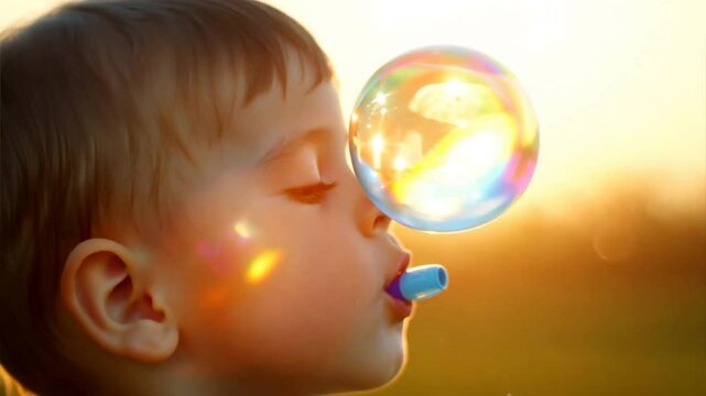 Golden Hour Bubble: A young child blows a giant soap bubble at sunset, their face lit with the warm glow of the golden hour. This image captures the innocence and wonder of childhood.