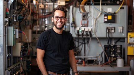 Caucasian male electrician smiling confidently in a technical lab, crossed arms, surrounded by electronic equipment.