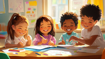 Fototapeta premium Show children of different ethnicities and abilities actively participating--coloring,reading, playing together,or listening to a teacher.Make them smile and engage in a positive,welcoming interaction