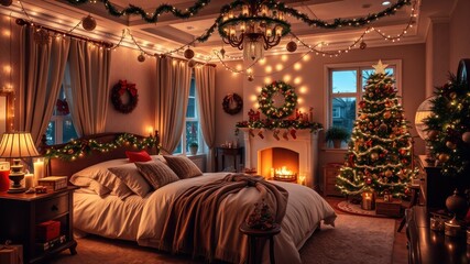 Cozy Christmas Decorated Bedroom Interior for Urban Exploration Photography - Happy New Year Concept