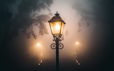 street lamp in the fog A single lamppost glows brightly in the thick fog of a nighttime street.