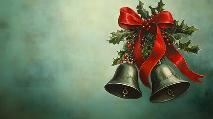 Christmas bells with red ribbons and holly
