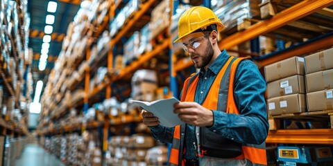 Quality control worker inspecting products in a warehouse during daylight hours