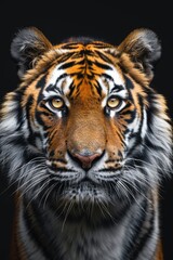 Fototapeta premium A majestic tiger gazes fiercely with striking orange and black stripes against a dark backdrop