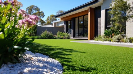 Fototapeta premium A contemporary Australian home or residential buildings front yard features artificial grass lawn turf with timber edging, and a big flowers garden