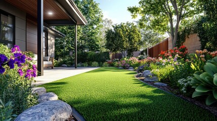 Obraz premium A contemporary Australian home or residential buildings front yard features artificial grass lawn turf with timber edging, and a big flowers garden