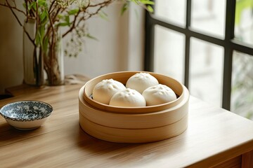 4 steamed buns of the same size, in a cute panda shape, need to have a dough-like appearance and are stored on a simple dining table. generative ai