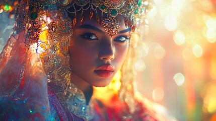 Radiant Young Queen in Colorful Ceremonial Robes: A Stunning Poster for Sports Interiors, Showcasing Traditional Beadwork and Ethereal Glow for an Inspiring Atmosphere