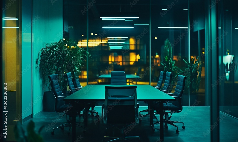 Poster empty conference room with a large table and chairs, illuminated by a green light, with a view of th