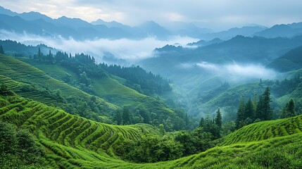 Obraz premium Misty Mountain Landscape with Layered Ridges and Valleys