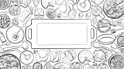 Hand Drawn Cooking Class Template. Food Ingredients and Tools Outlines Isolated on White Background