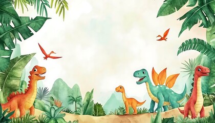 Cartoon dinosaur frame border in a watercolor style, designed for playful backgrounds.