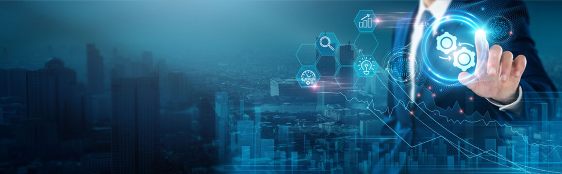 Automation: Efficiency, productivity, workflow optimization, task scheduling, cost reduction, error minimization, businessman touch automation network, innovation........