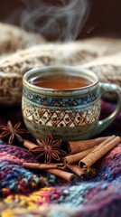 Close-up of a steaming cup of chai tea with Thanksgiving spices and cozy blanket