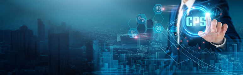 CPS (Cyber-Physical Systems): Integration, automation, sensors, real-time data, intelligence, interconnectivity, Businessman touch CPS network, control systems.