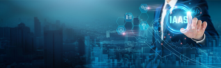 IaaS (Infrastructure as a Service): Scalability, flexibility, cloud computing, cost-effectiveness, virtualization, resource management, businessman touch IaaS network, connectivity.