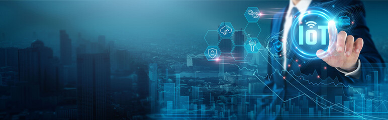 Internet of Things (IoT): Connectivity, automation, smart devices, data analytics, real-time monitoring, interoperability, Businessman touch IoT network, integration.